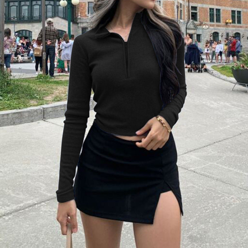 Slim Fit Women's Long-Sleeved Zipper T-Shirt Top